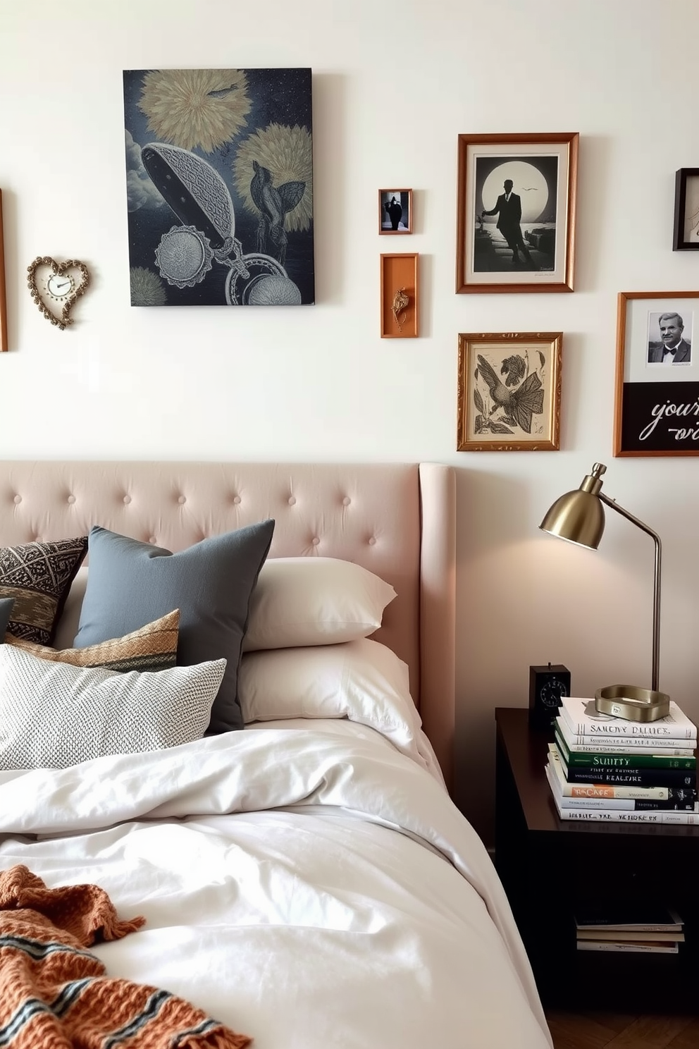 A cozy bedroom featuring a large bed with a plush headboard and soft linens. The walls are adorned with unique wall art that reflects personal interests and memories. Decorative pillows in various textures and patterns are arranged on the bed. A stylish nightstand holds a modern lamp and a stack of books, adding to the inviting atmosphere.