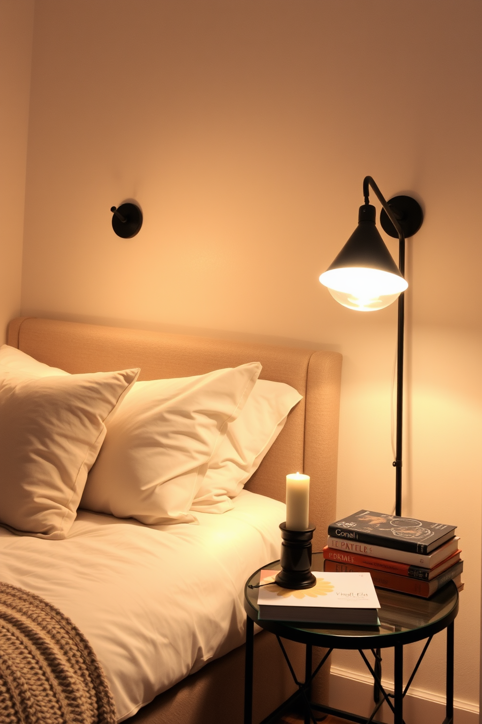 A cozy bedroom featuring soft lighting from stylish bedside lamps. The lamps cast a warm glow, creating an inviting atmosphere for relaxation. The bed is adorned with plush pillows and a textured throw blanket. A small side table holds a stack of books and a decorative candle, adding to the room's charm.