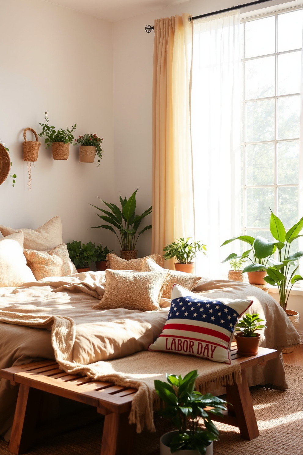 A serene bedroom setting inspired by nature. The room features a large window allowing natural light to flood in, with sheer curtains that gently sway in the breeze. A cozy bed is adorned with earthy-toned linens and a collection of textured throw pillows. Potted plants of various sizes are strategically placed around the room, bringing a refreshing touch of greenery to the decor. Labor Day themed decor fills the space with a festive yet relaxed vibe. The walls are adorned with subtle red, white, and blue accents, while a rustic wooden bench at the foot of the bed is decorated with seasonal pillows and a woven throw.