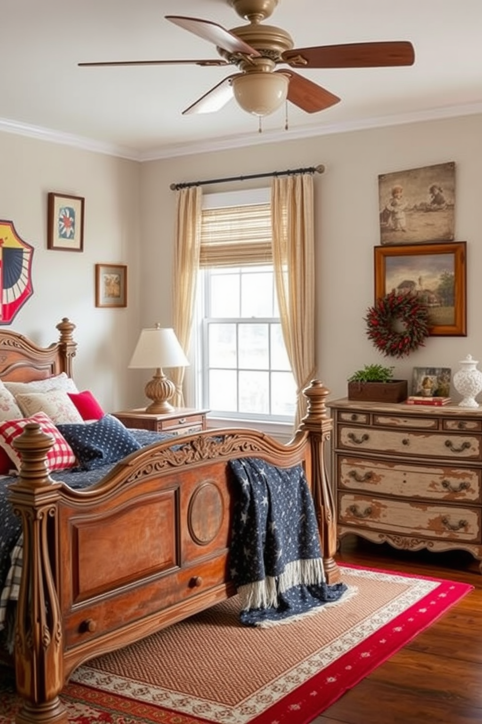 A cozy bedroom featuring vintage furniture that evokes a rustic feel. The room includes a weathered wooden bed frame with intricate carvings and an antique dresser with a distressed finish. Labor Day decor ideas for the bedroom that celebrate the holiday with a warm and inviting atmosphere. Incorporate red, white, and blue accents through throw pillows, blankets, and artwork to create a festive yet relaxing space.