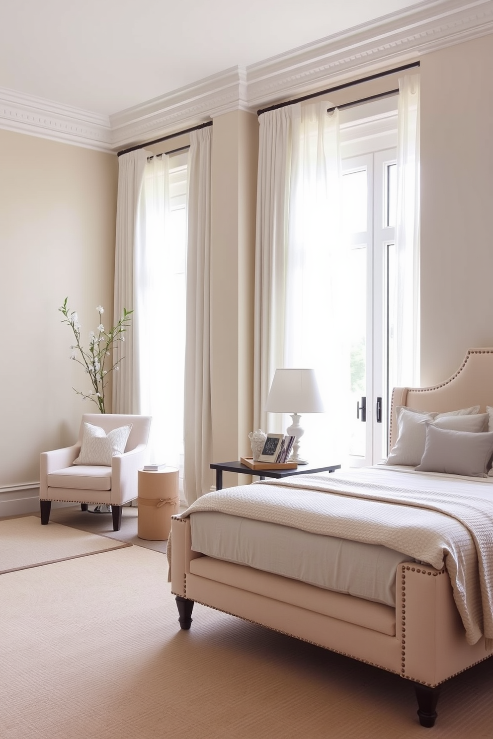 A serene bedroom retreat featuring a neutral color palette that promotes tranquility. Soft beige walls complement a plush cream upholstered bed adorned with light gray linens. Natural light floods the space through large windows adorned with sheer white curtains. A cozy reading nook is created with a simple armchair and a small side table, inviting relaxation.