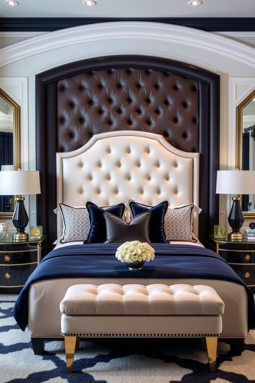 A stunning bedroom featuring a statement headboard that adds depth and character to the room. The headboard is upholstered in a rich velvet fabric with intricate tufting, creating a focal point behind the bed. The color palette consists of soft neutrals with pops of deep navy accents throughout the room. Elegant bedside tables flank the bed, adorned with stylish lamps that provide a warm glow for a cozy atmosphere.