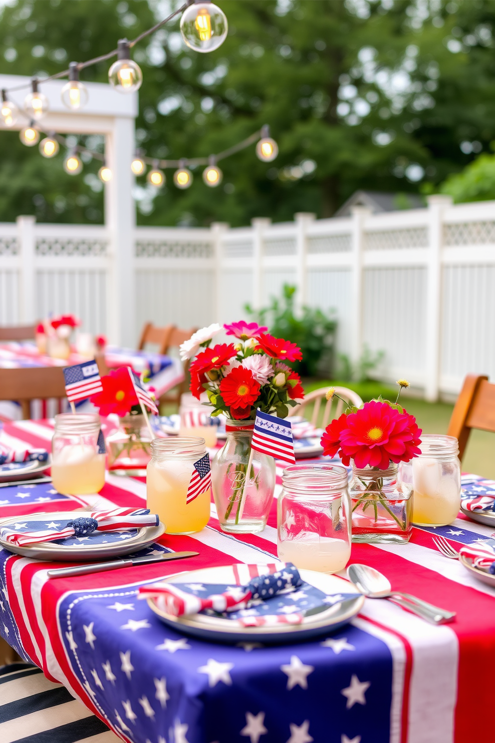 A festive table setting for Labor Day featuring red white and blue accents. The table is adorned with a vibrant tablecloth, and decorative centerpieces include small flags and fresh flowers in patriotic colors. Plates are arranged with star-patterned napkins and silverware, while mason jars filled with lemonade add a refreshing touch. String lights overhead create a warm and inviting atmosphere for outdoor dining.