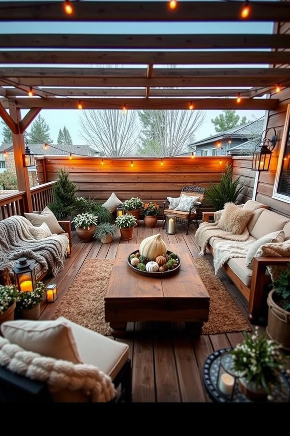 Outdoor seating with cozy blankets. The area features a large wooden deck with a sectional sofa adorned with plush cushions and soft, inviting throws. Surrounding the seating are potted plants and lanterns that create a warm, welcoming atmosphere. A rustic coffee table sits in the center, topped with seasonal decorations and snacks for guests.