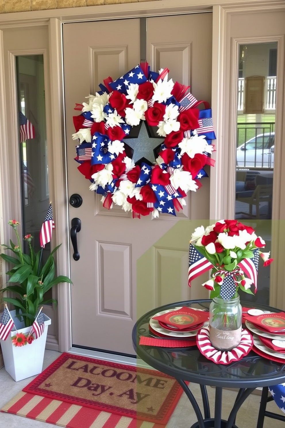 A welcoming front door adorned with a large patriotic wreath made of red white and blue flowers and ribbons. The wreath is complemented by a subtle backdrop of a neutral colored door and seasonal decorations such as small American flags and a festive welcome mat. A cozy porch setting featuring a Labor Day theme with red white and blue accents. Decorative elements include a table set with themed tableware and a small arrangement of seasonal flowers in a mason jar.