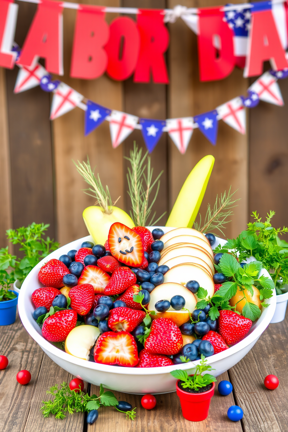 A vibrant display of seasonal fruits is arranged in a large white bowl, showcasing strawberries, blueberries, and sliced apples. The bowl is placed on a rustic wooden table, surrounded by small red and blue decorative accents to enhance the Labor Day theme. In the background, a festive banner in red, white, and blue hangs above, adding a celebratory touch to the setting. Fresh herbs in small pots are scattered around the table, providing a natural element that complements the colorful fruit arrangement.