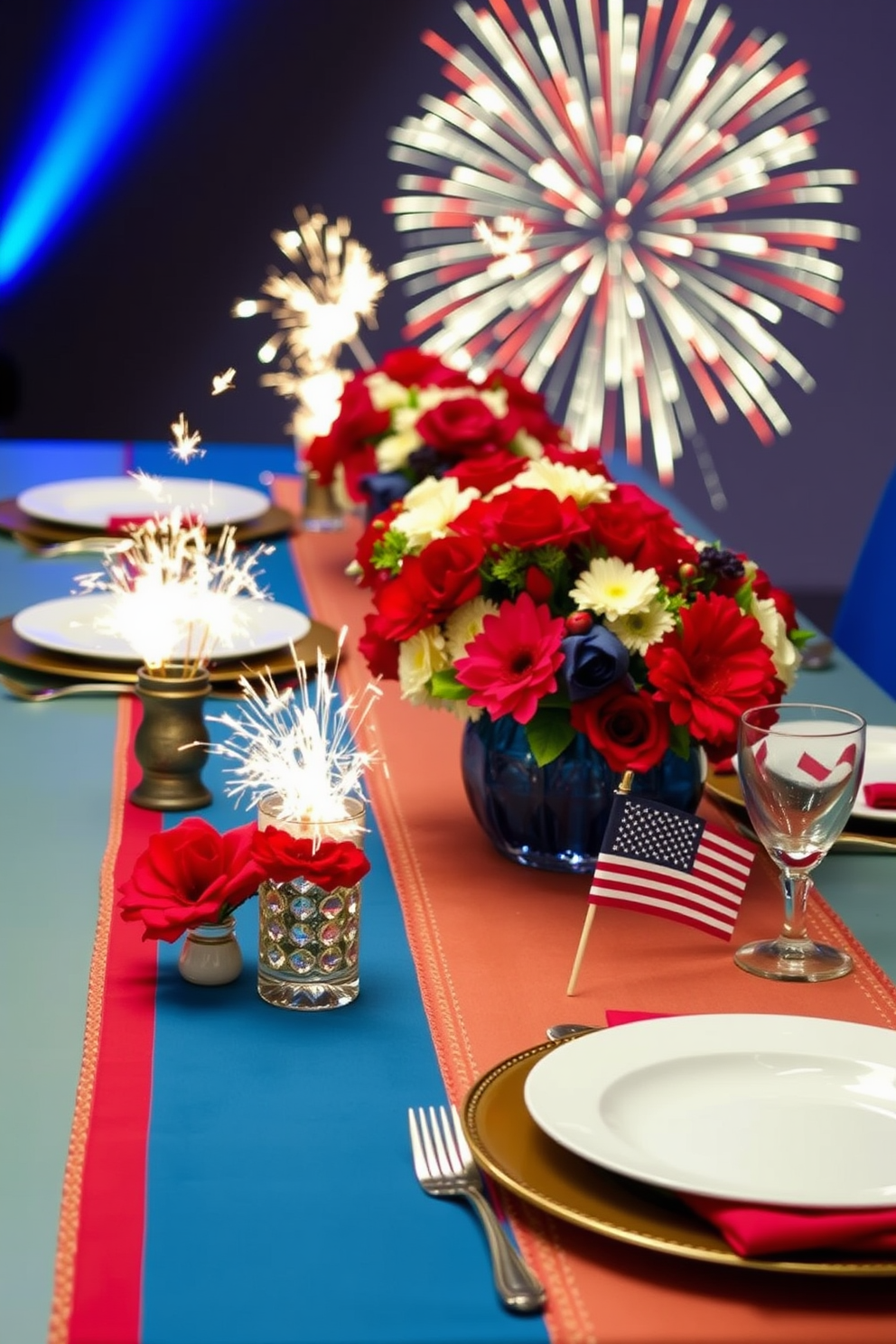 Create a vibrant table setting inspired by fireworks. Incorporate colorful table runners, sparklers in decorative holders, and an array of festive centerpieces that mimic the explosion of colors seen in fireworks displays. Use red, white, and blue accents to celebrate Labor Day. Include small flags, themed place cards, and seasonal flowers to enhance the festive atmosphere while maintaining an elegant and cohesive look.