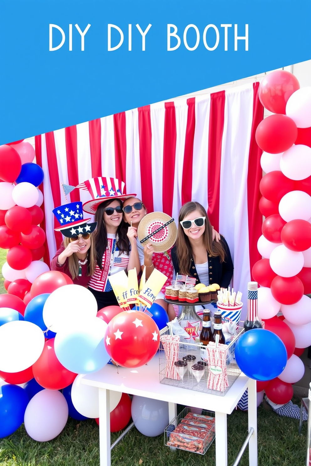 A vibrant DIY photo booth is set up with a backdrop featuring red white and blue stripes. An array of patriotic props including stars and stripes hats and oversized sunglasses are displayed for guests to use. Colorful balloons in red white and blue are clustered around the booth creating a festive atmosphere. A table nearby holds a selection of themed snacks and drinks to complement the celebration.