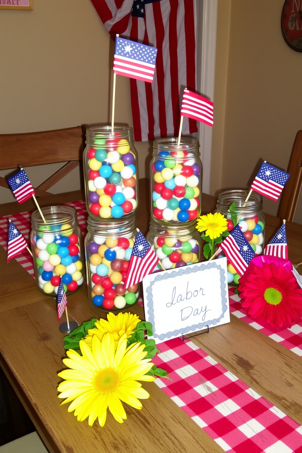 A charming display of mason jars filled with colorful marbles sits on a rustic wooden table. The jars are arranged in varying heights, creating an inviting focal point for a Labor Day celebration. Surrounding the jars, small flags and seasonal flowers enhance the festive atmosphere. The table is adorned with a cheerful red and white checkered tablecloth, adding a classic touch to the decor.