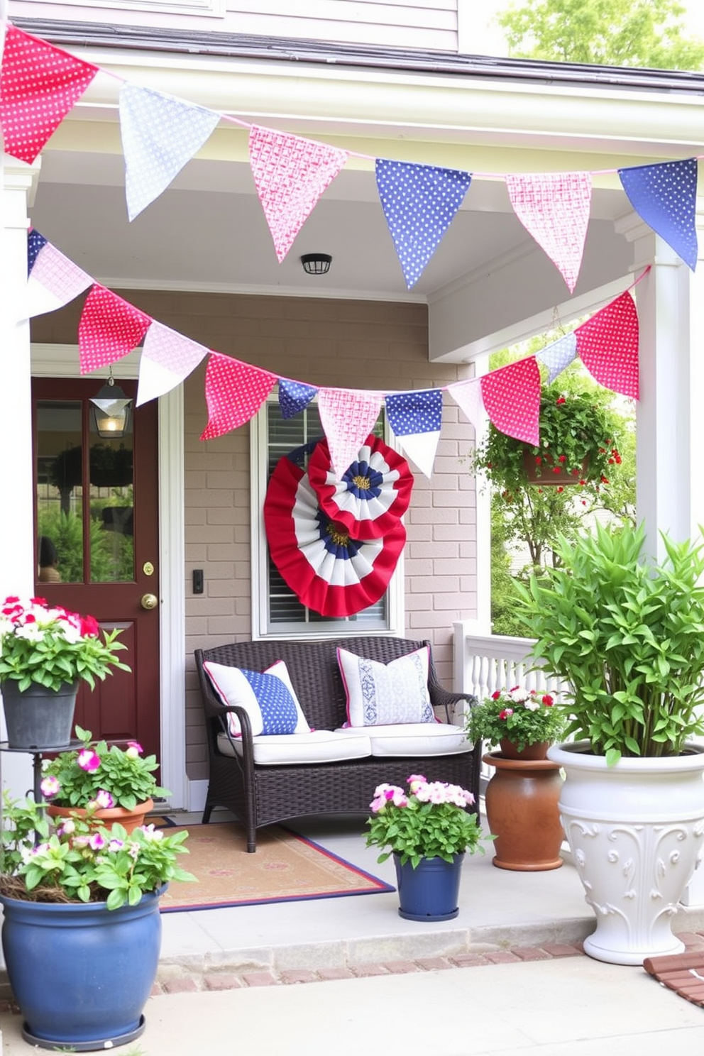 Create a festive Labor Day scene featuring bunting made from fabric in red, white, and blue theme colors. The bunting is strung across a porch adorned with potted plants and a cozy seating area, inviting guests to celebrate the holiday.