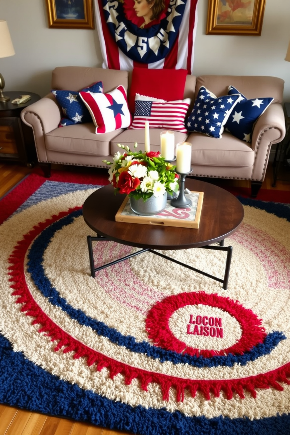 A cozy living room setting featuring layered rugs in red, white, and blue tones. The rugs are artfully arranged to create a warm and inviting atmosphere, perfect for celebrating Labor Day. In the background, a comfortable sofa adorned with patriotic-themed cushions complements the color scheme. A coffee table sits atop the rugs, decorated with seasonal flowers and candles to enhance the festive ambiance.