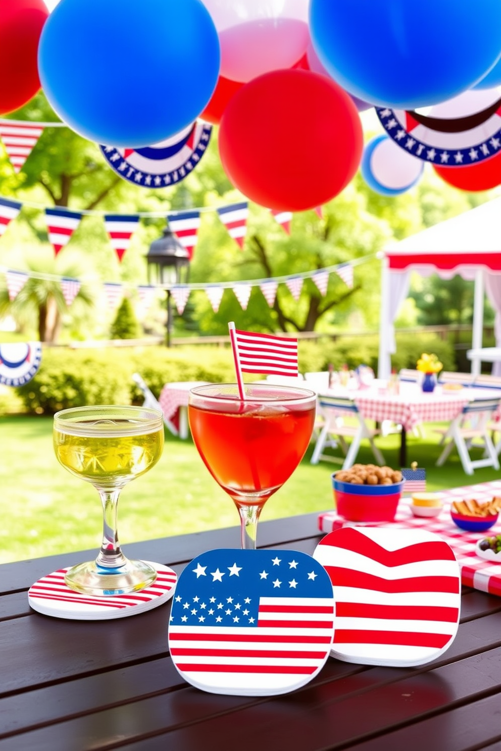 Create a set of patriotic themed coasters for drinks featuring a combination of red white and blue colors. Each coaster should display iconic symbols such as stars stripes and the American flag to evoke a festive atmosphere. Design a Labor Day celebration scene with vibrant decorations that include banners and balloons in patriotic colors. Incorporate elements like picnic tables adorned with checkered tablecloths and an array of delicious food items to set a joyful outdoor gathering vibe.