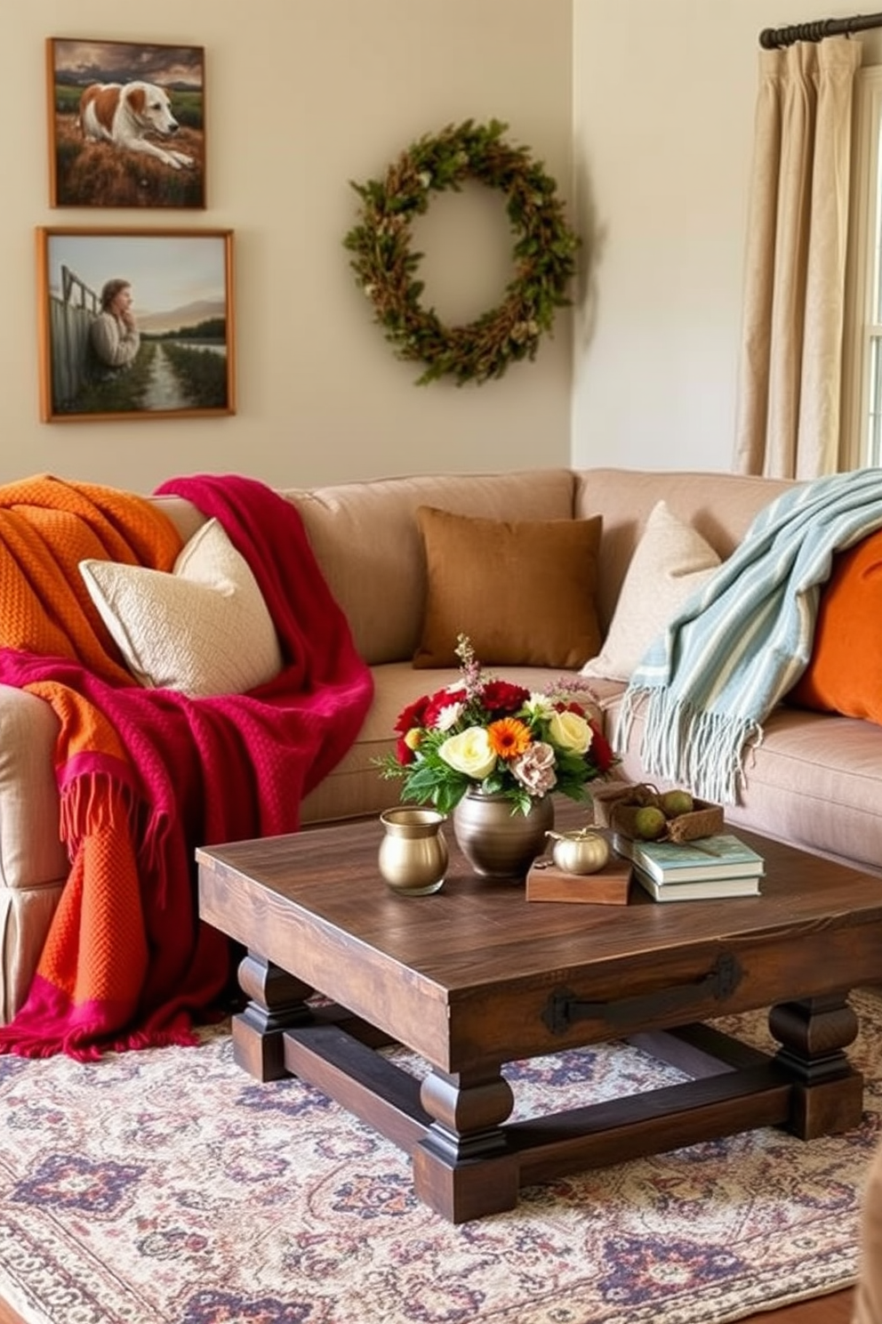 A cozy living room adorned with seasonal throw blankets in vibrant colors. The blankets are draped over a plush sofa, adding warmth and a pop of color to the space. Decorative pillows in coordinating hues complement the throw blankets, creating an inviting atmosphere. A rustic coffee table sits in the center, adorned with a bouquet of fresh flowers and a few seasonal decor items.