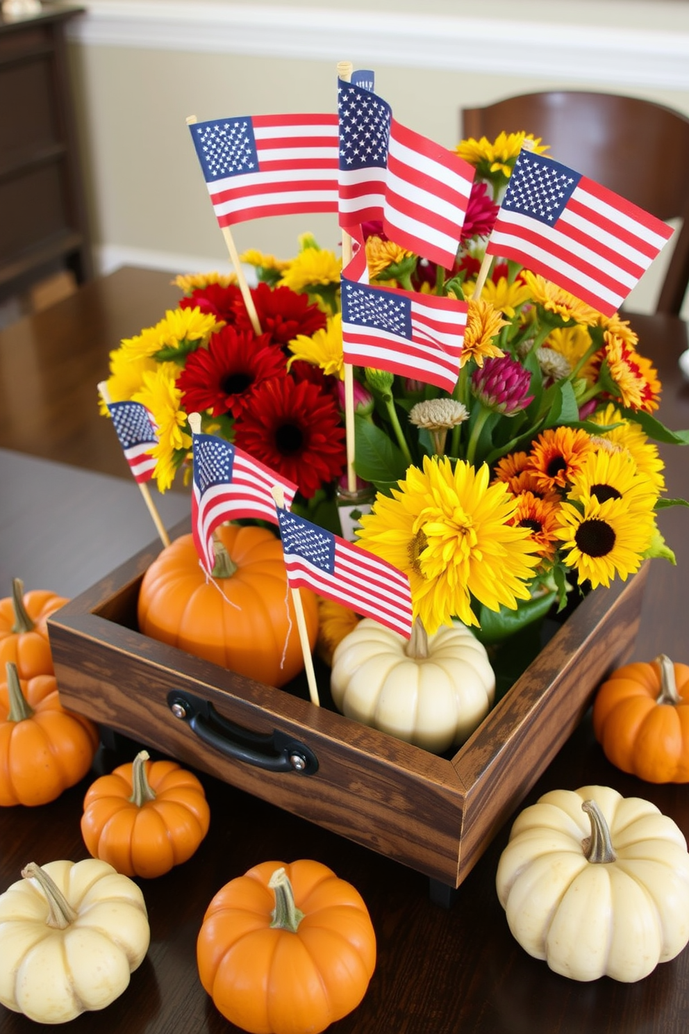 A festive table centerpiece featuring a rustic wooden tray adorned with mini flags representing Labor Day. Surrounding the tray are seasonal elements like small pumpkins and vibrant autumn flowers, creating a warm and inviting atmosphere.