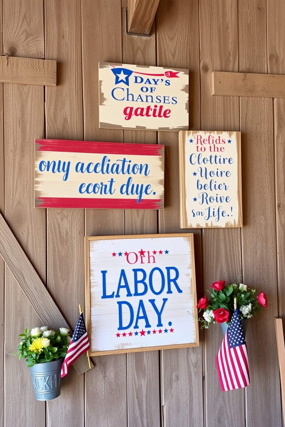 Rustic wooden signs displaying patriotic quotes are arranged on a weathered barn wall. The signs feature a mix of red, white, and blue colors, evoking a sense of pride and celebration for Labor Day. Decorative elements like small American flags and seasonal flowers are placed around the signs. Soft, warm lighting enhances the inviting atmosphere, creating a perfect backdrop for a Labor Day gathering.