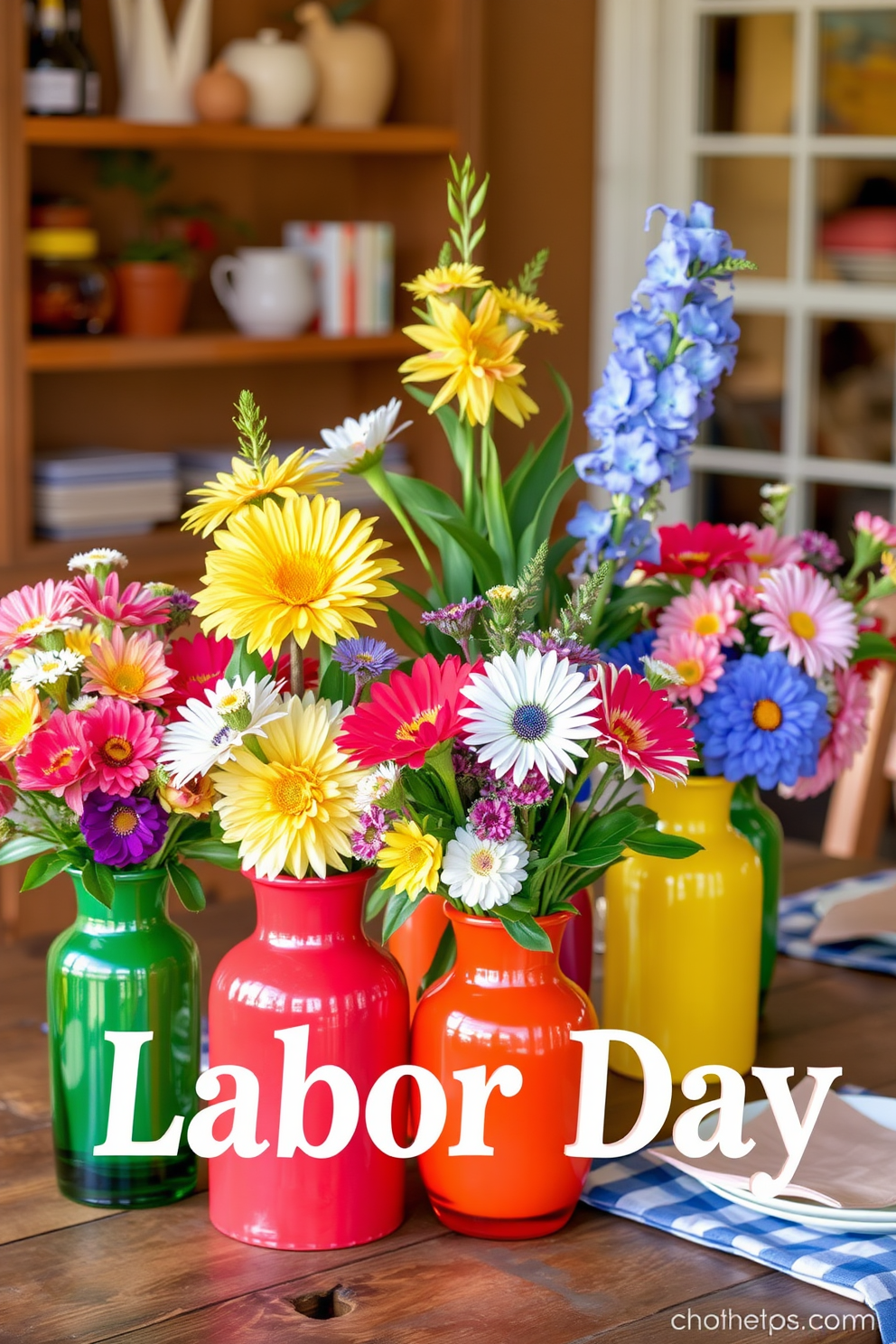 Colorful vases filled with seasonal flowers are arranged on a rustic wooden table. The vibrant blooms complement the warm tones of the surrounding decor, creating a festive atmosphere for Labor Day celebrations.