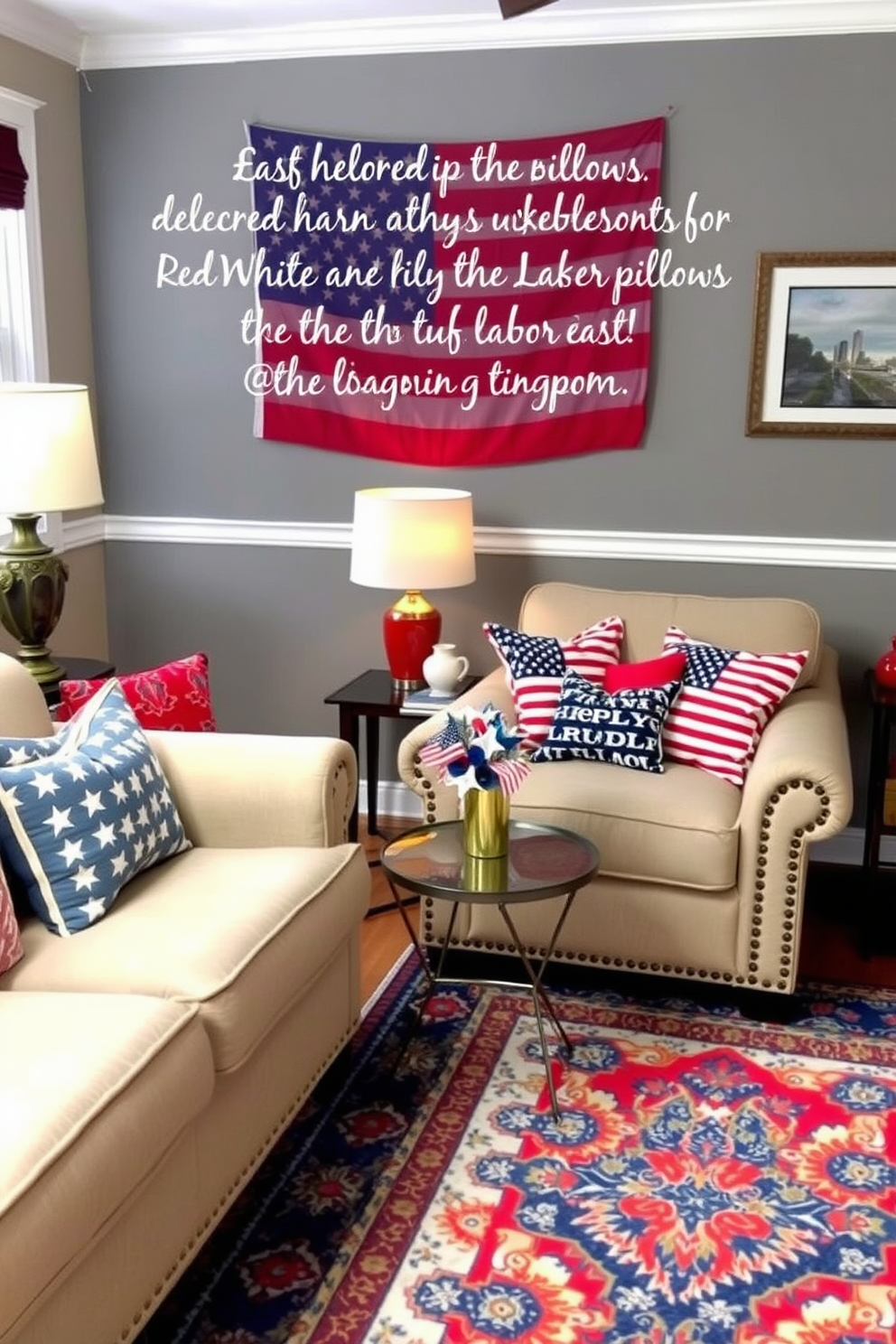 Create a cozy living room scene featuring sofas adorned with red white and blue throw pillows. The space is decorated with festive accents to celebrate Labor Day, including a small table with a patriotic centerpiece and a vibrant rug that complements the pillows.