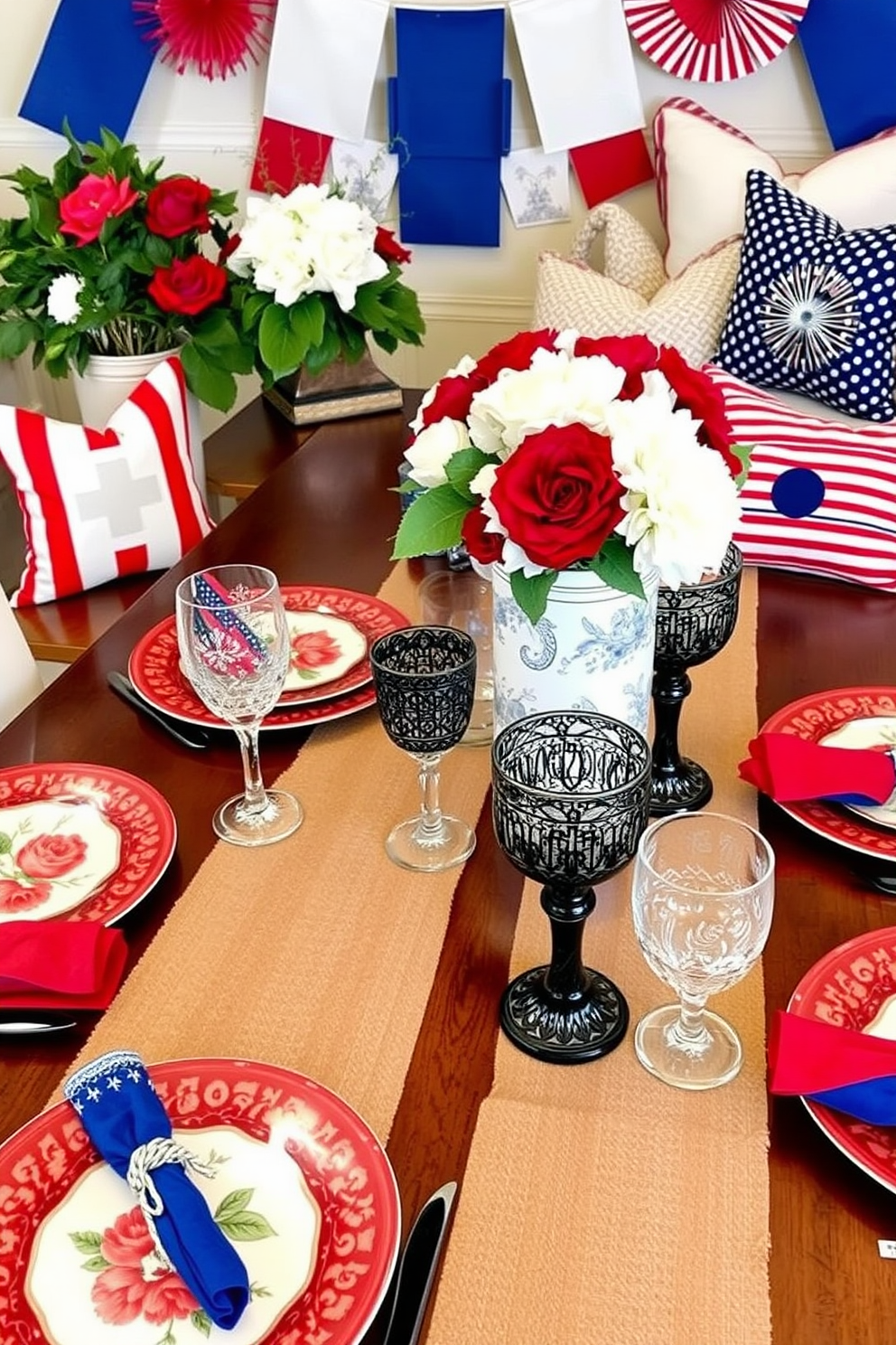 Themed dinnerware for festive meals. The table is set with vibrant plates featuring seasonal motifs, complemented by matching napkins and glassware adorned with intricate designs. Labor Day decorating ideas. The space is adorned with red, white, and blue accents, including bunting, centerpieces featuring fresh flowers, and decorative pillows that evoke a sense of celebration.