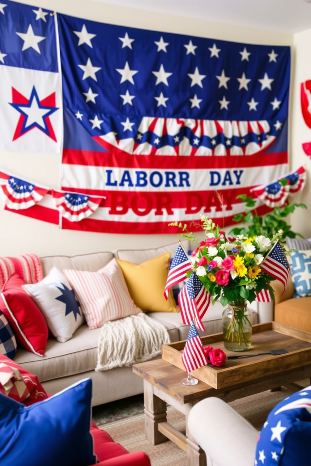 A vibrant living room setting filled with festive banners featuring stars and stripes. The room is adorned with colorful cushions and throws, creating a cozy atmosphere perfect for celebrating Labor Day. A large banner stretches across the wall, showcasing bold red, white, and blue colors. In the corner, a rustic wooden table is decorated with small American flags and seasonal flowers in a vase.