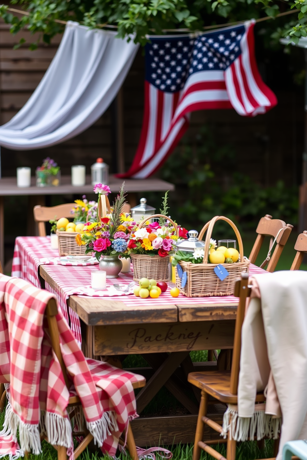 A charming outdoor setting for a Labor Day picnic. Vintage picnic baskets are used as centerpieces on checkered tablecloths, surrounded by colorful wildflowers and seasonal fruits. The scene features a rustic wooden table adorned with small candles and lanterns. Soft blankets are draped over chairs, inviting guests to relax and enjoy the festive atmosphere.