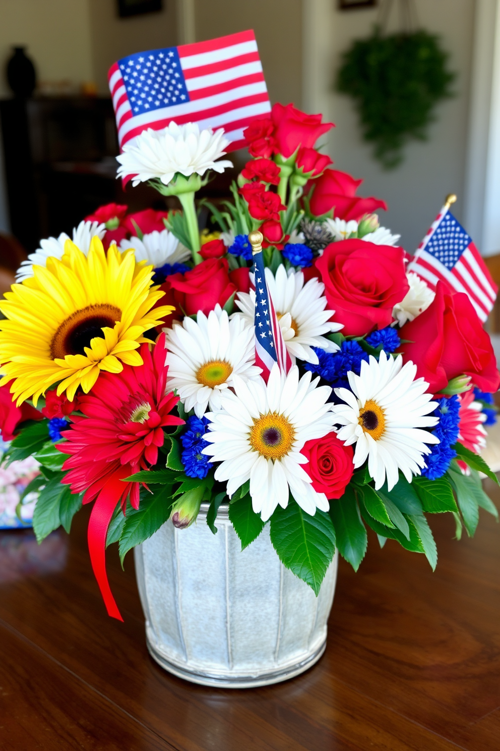 Create a stunning floral arrangement featuring red white and blue flowers that celebrate the spirit of Labor Day. Incorporate elements like sunflowers daisies and roses in a rustic vase to evoke a festive and patriotic atmosphere. Arrange the flowers with lush greenery to enhance the visual appeal and create a vibrant centerpiece. Use accents like small American flags or decorative ribbons in red white and blue to complete the Labor Day theme.