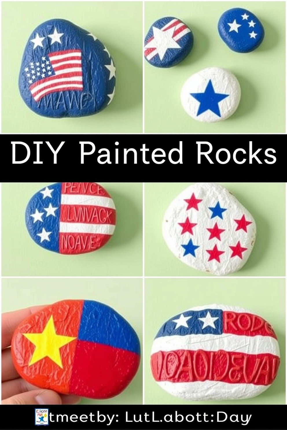 A collection of DIY painted rocks featuring patriotic designs. Each rock showcases vibrant colors and symbols such as stars and stripes, perfect for celebrating Labor Day.