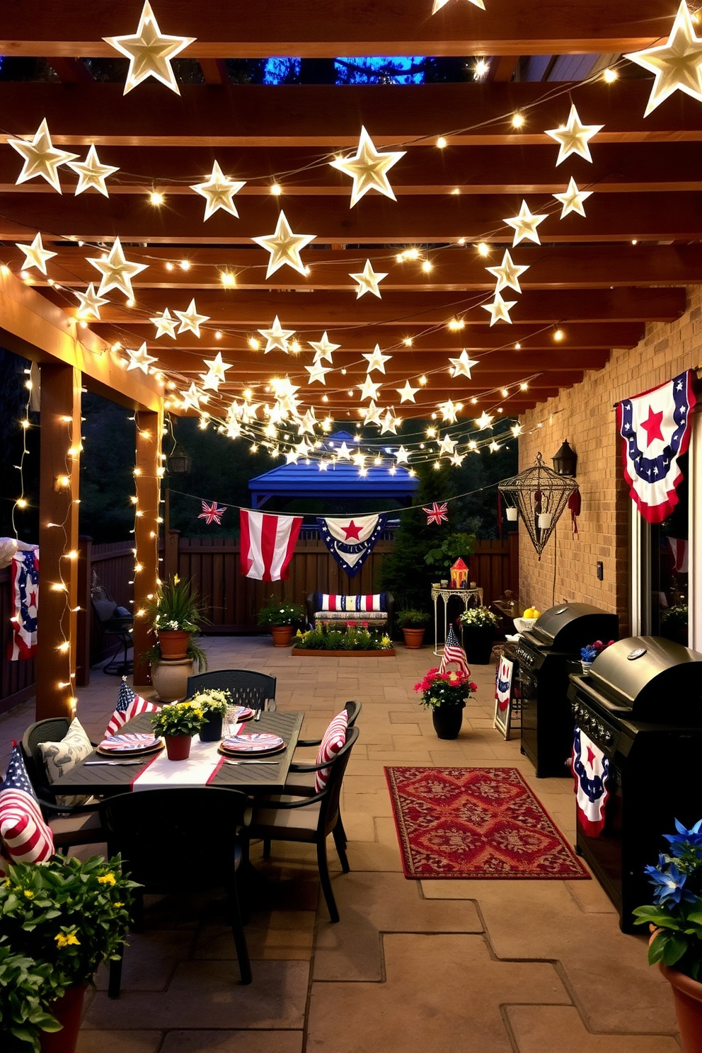 A cozy outdoor space adorned with star-shaped string lights, casting a warm glow across the patio. The lights are draped elegantly along the pergola, creating a magical atmosphere for evening gatherings. Colorful Labor Day decorations are displayed throughout the area, featuring red, white, and blue accents. Festive banners and table settings enhance the celebratory mood, inviting friends and family to enjoy a festive barbecue.