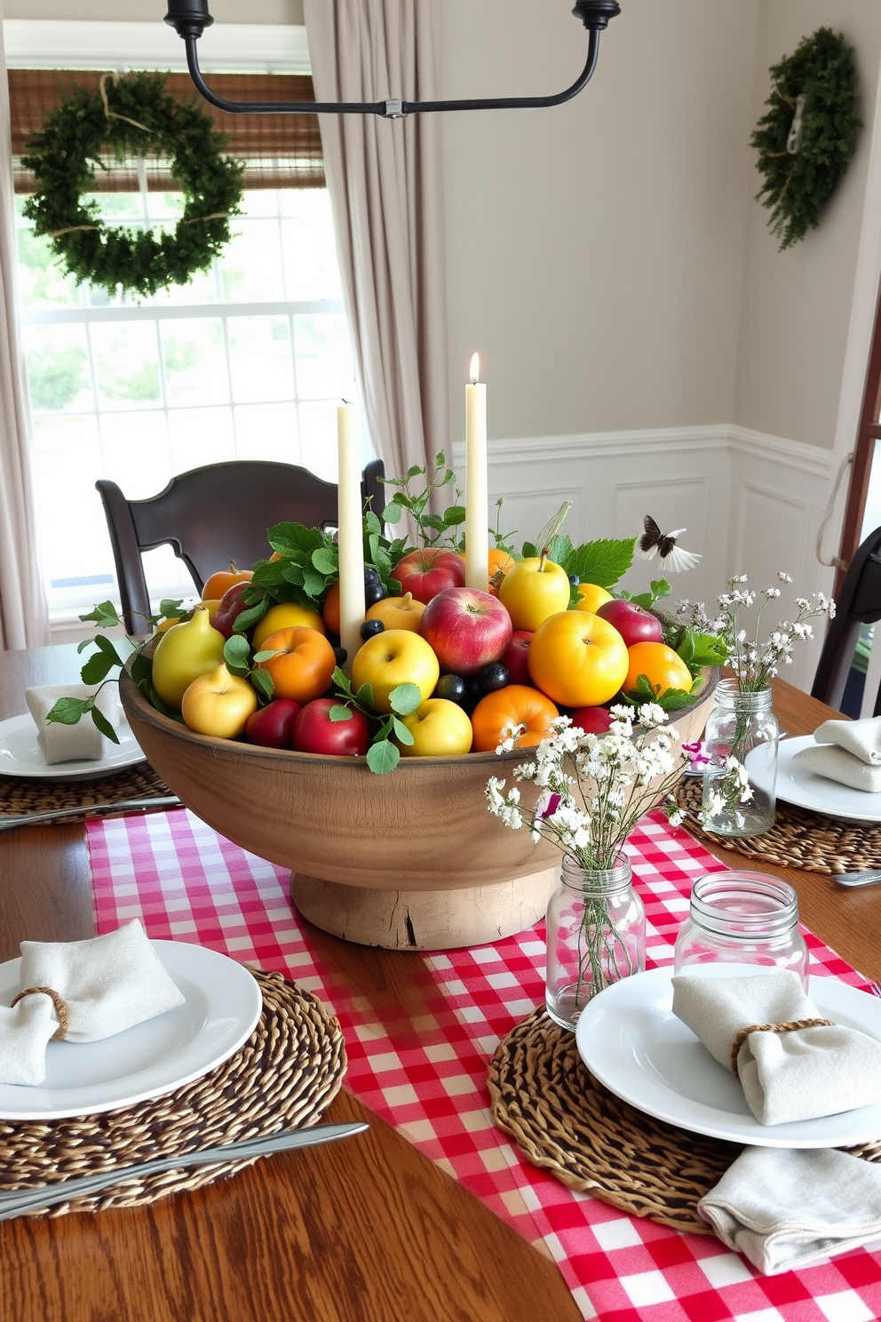 A rustic wooden table centerpiece arrangement features a large, weathered wooden bowl filled with an assortment of seasonal fruits and greenery. Surrounding the bowl are small, hand-painted ceramic candles that add warmth and a cozy ambiance to the dining experience. For Labor Day dining room decorating ideas, the table is adorned with a classic red and white checkered tablecloth that evokes a festive picnic atmosphere. Complementing the table setting are simple white plates, woven placemats, and mason jar vases filled with wildflowers, creating a charming and inviting space for gathering.