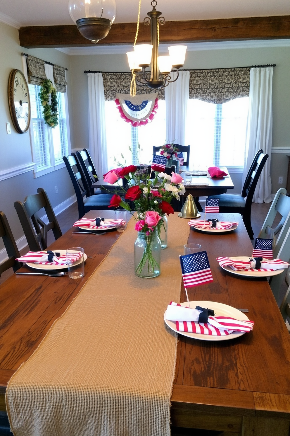 Burlap table accents create a warm and inviting atmosphere in a rustic dining room. A burlap table runner drapes elegantly over a reclaimed wood table, complemented by mason jar centerpieces filled with wildflowers. For Labor Day, the dining room is adorned with red, white, and blue accents. Patriotic-themed place settings feature striped napkins and small American flags, enhancing the festive ambiance.