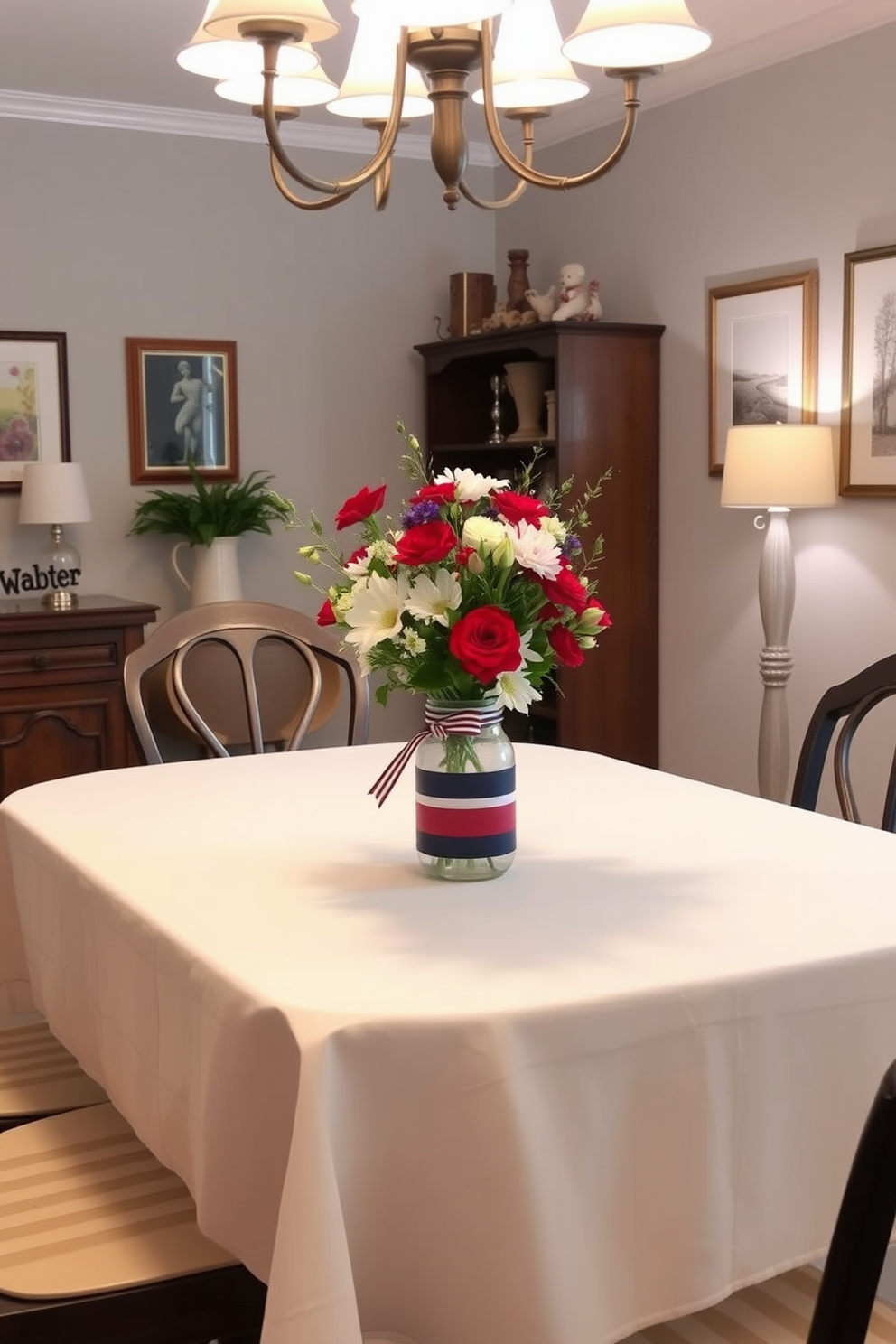 A charming dining room setting for Labor Day. The table is adorned with a crisp white tablecloth and features DIY painted mason jar vases filled with seasonal flowers in red, white, and blue. The walls are decorated with patriotic bunting and subtle artwork that complements the theme. Soft, ambient lighting enhances the cozy atmosphere, making it perfect for gathering with family and friends.