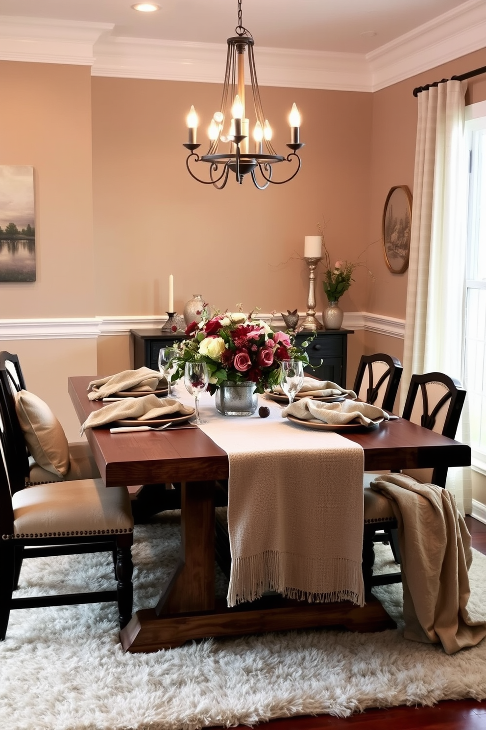 A cozy dining room setting featuring a rustic wooden table adorned with layered linens and fabrics. The table is set with elegant dinnerware, complemented by soft, textured napkins and a centerpiece of seasonal flowers. The walls are painted in a warm neutral tone, creating an inviting atmosphere. Soft ambient lighting from a stylish chandelier enhances the layered textures, while a plush area rug under the table adds comfort and warmth.