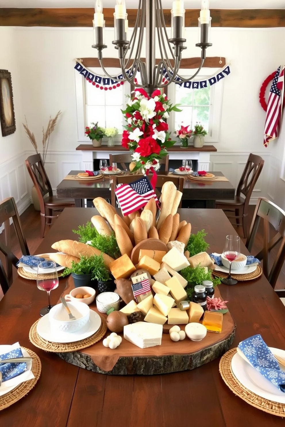 A rustic dining room setting featuring a beautifully arranged artisan bread and cheese display centerpiece. The wooden table is adorned with a variety of artisanal breads, cheeses, and fresh herbs, creating an inviting atmosphere for guests. For Labor Day, the dining room is decorated with vibrant red, white, and blue accents. Festive tableware and seasonal floral arrangements enhance the celebratory mood, making it perfect for gathering with family and friends.