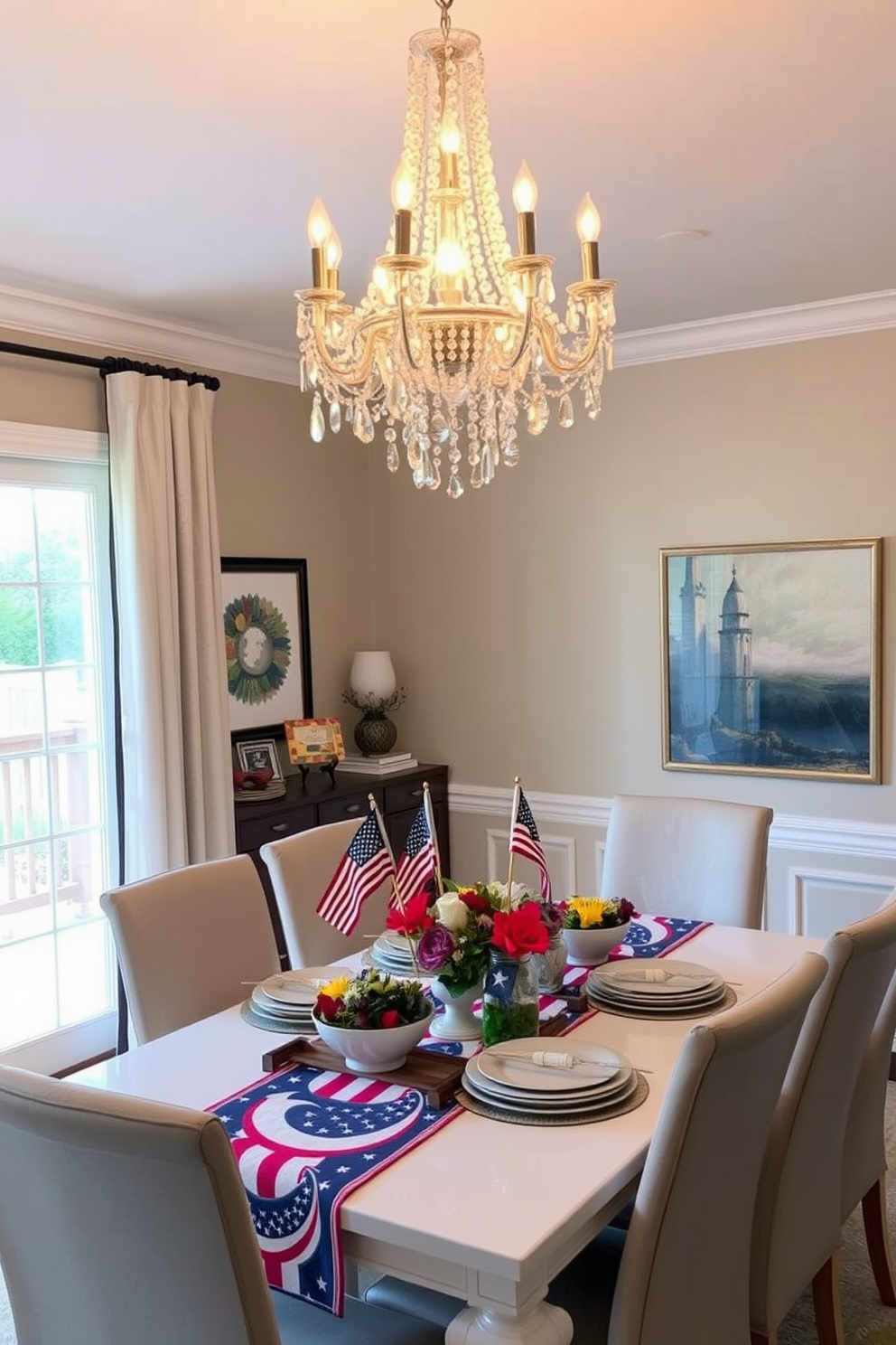 A statement chandelier hangs elegantly in the center of the dining room, casting a warm glow over the space. The chandelier features intricate crystal detailing that reflects light beautifully, creating a dramatic focal point. The dining table is set with a festive Labor Day theme, adorned with a vibrant table runner and seasonal centerpieces. Comfortable chairs surround the table, inviting guests to enjoy a meal together in a stylish and welcoming atmosphere.