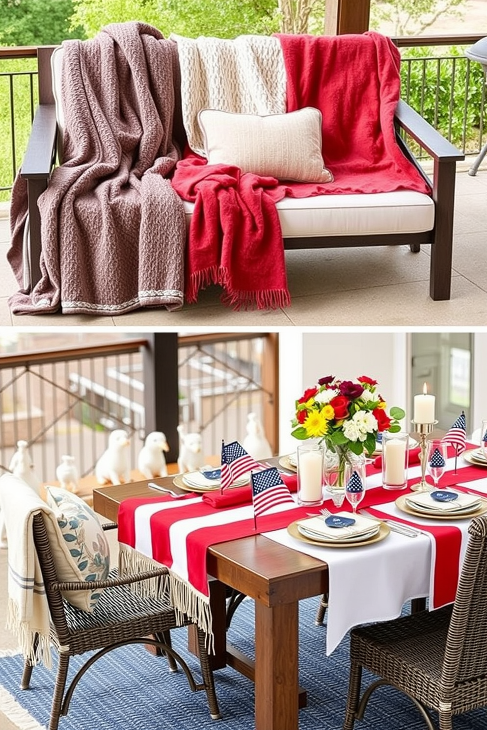 Cozy blankets draped over outdoor seating create a warm and inviting atmosphere. The blankets are in soft textures and rich colors, complementing the natural surroundings and enhancing comfort for guests. For Labor Day dining room decorating ideas, a festive table setting features a red, white, and blue color scheme. Centerpieces include seasonal flowers and candles, creating a welcoming space for gatherings and celebrations.