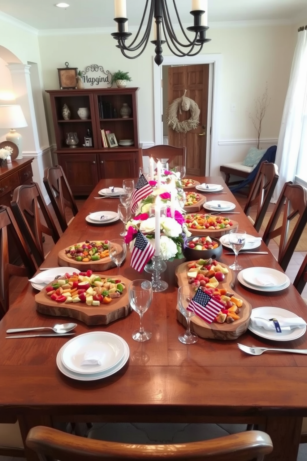 A warm and inviting dining room featuring a large wooden table set for a Labor Day gathering. The table is adorned with natural wood serving boards filled with an array of colorful appetizers, surrounded by elegant tableware and fresh flowers. Soft lighting illuminates the space, creating a cozy atmosphere for family and friends. The walls are painted in a soft cream color, complemented by rustic wooden accents and seasonal decorations that celebrate the holiday.