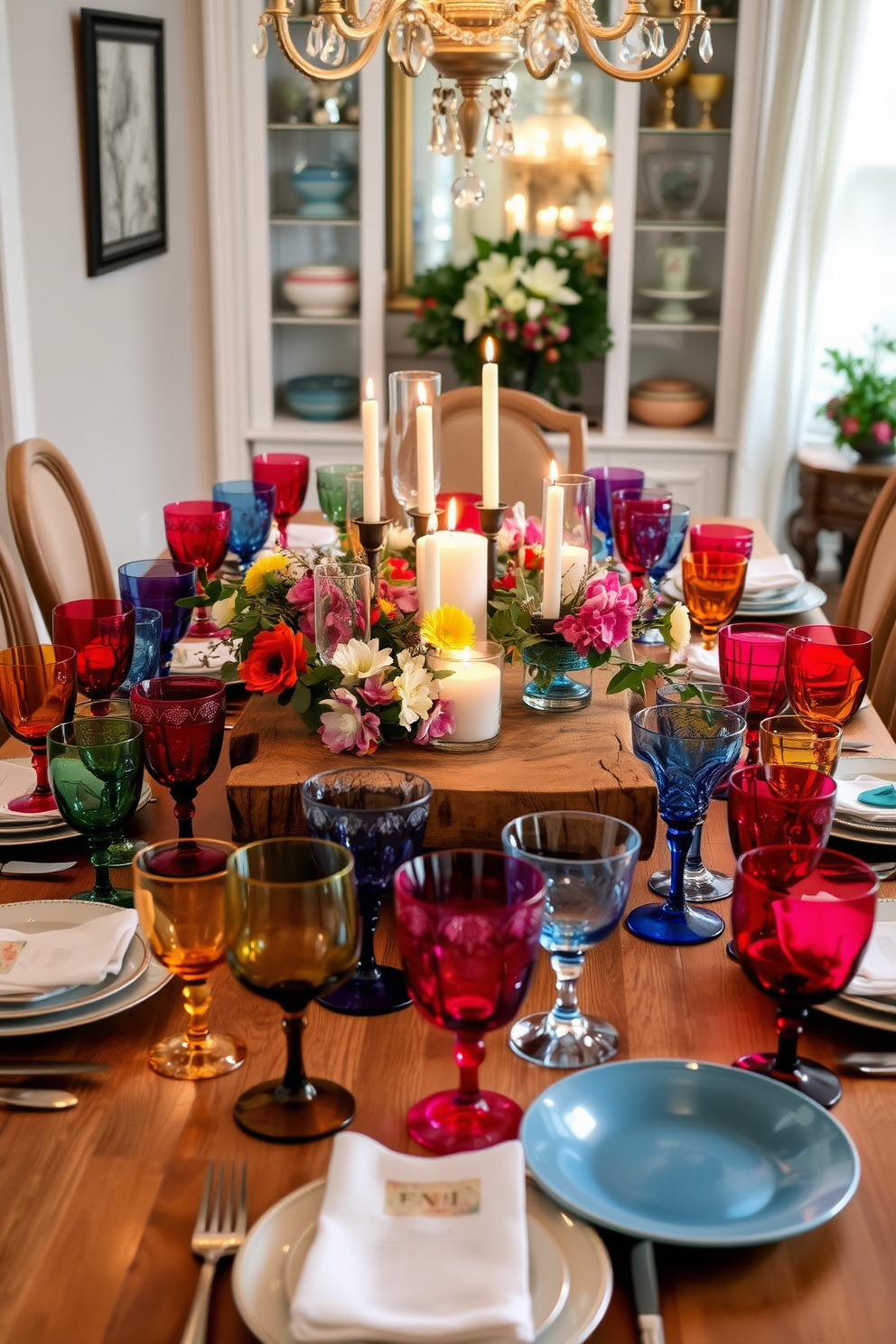 A vibrant dining room setting filled with colorful glassware that adds a cheerful touch to the table. The table is elegantly set with an array of mismatched glasses in various hues, reflecting light beautifully. The centerpiece features a rustic wooden table adorned with seasonal flowers and candles. Soft, ambient lighting enhances the inviting atmosphere, creating a perfect space for gathering on Labor Day.