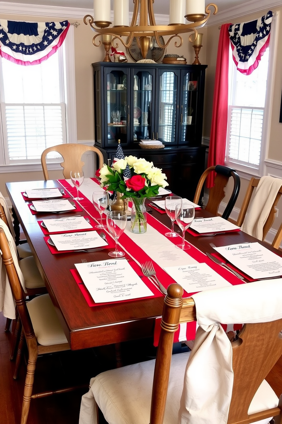 A beautifully set dining room for a Labor Day celebration. The table is adorned with personalized menus for each guest, featuring seasonal dishes printed on elegant cardstock. Brightly colored table runners in red, white, and blue create a festive atmosphere. Surrounding the table are mismatched chairs, each draped with a light linen napkin, adding a touch of charm.