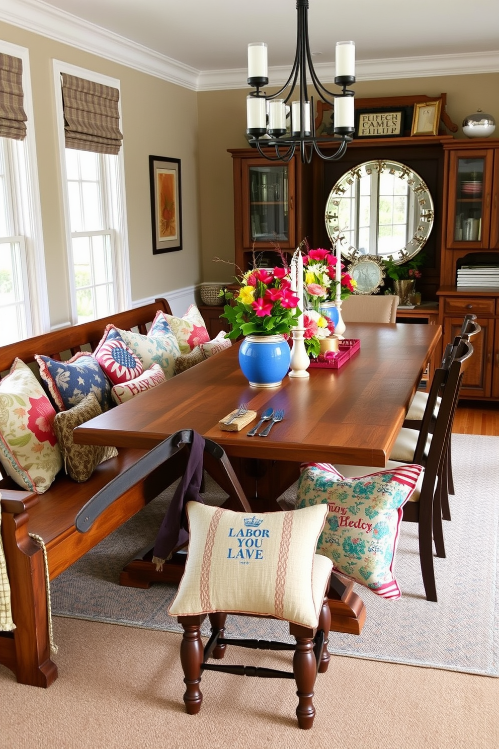 The benches are adorned with a variety of themed decorative pillows featuring vibrant colors and patterns that reflect the spirit of Labor Day. The dining room is elegantly set with a rustic wooden table, surrounded by comfortable chairs, and decorated with seasonal centerpieces that celebrate the holiday.