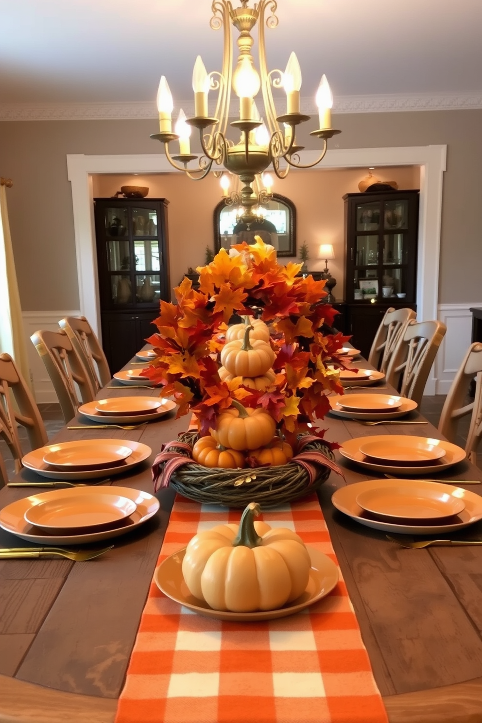 A seasonal wreath made of vibrant autumn leaves and small pumpkins sits elegantly as a table centerpiece. Surrounding the wreath, a rustic wooden table is set with warm-toned plates and golden cutlery, creating a cozy atmosphere for a Labor Day gathering. The dining room features a long table adorned with a checked tablecloth in shades of orange and cream. Soft, ambient lighting from a vintage chandelier casts a warm glow, enhancing the inviting feel of the space.