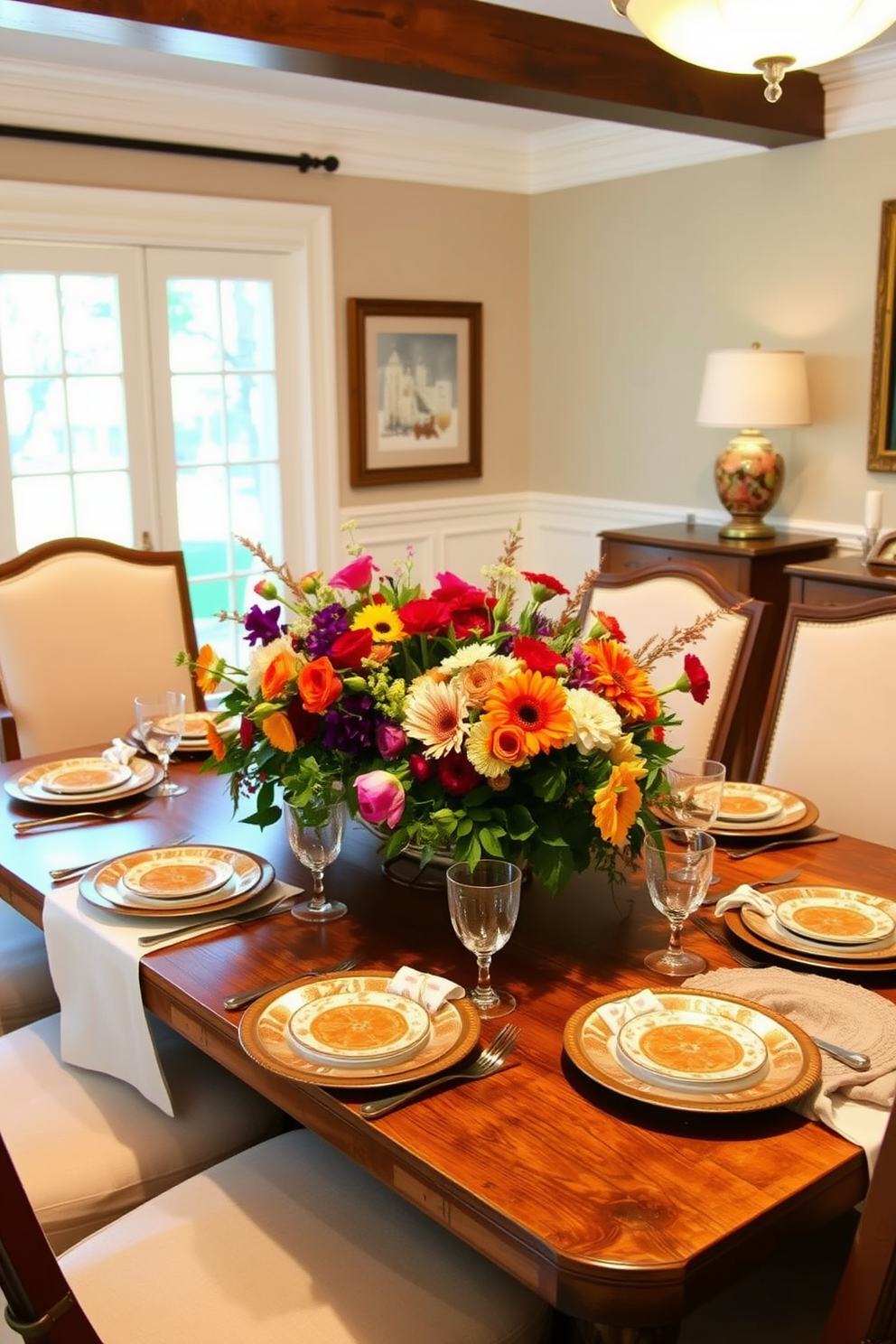 Elegant table settings with gold accents. The table is adorned with a crisp white tablecloth, and each place setting features fine china with intricate gold detailing. Labor Day Dining Room Decorating Ideas. The room is decorated with a rustic wooden dining table surrounded by comfortable upholstered chairs, complemented by a centerpiece of seasonal flowers in vibrant colors.