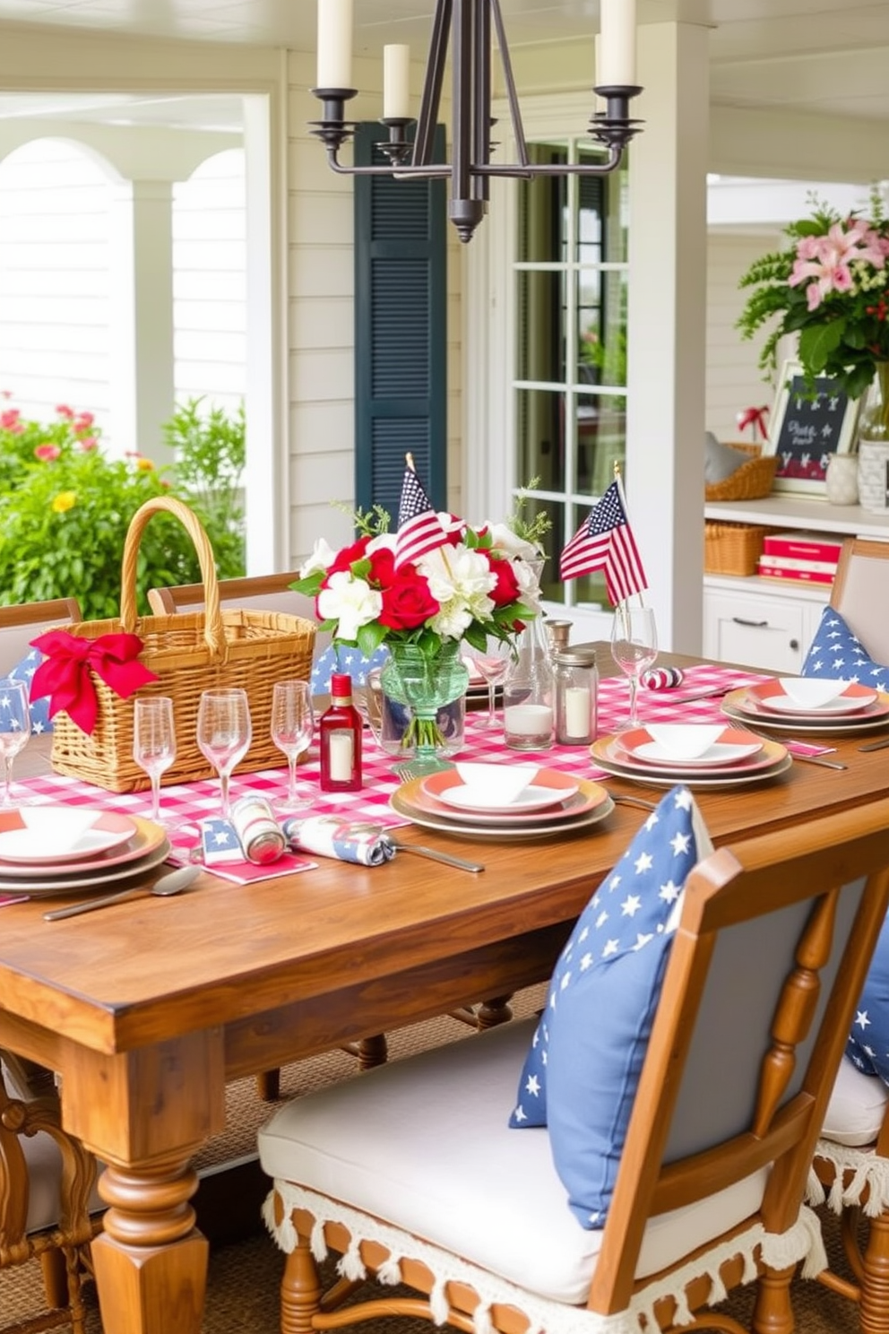 Charming picnic baskets for casual dining. The scene features a rustic wooden table set outdoors with a checkered tablecloth, surrounded by comfortable seating. Labor Day Dining Room Decorating Ideas. The dining room showcases a blend of patriotic colors with red, white, and blue accents, complemented by elegant tableware and seasonal floral arrangements.