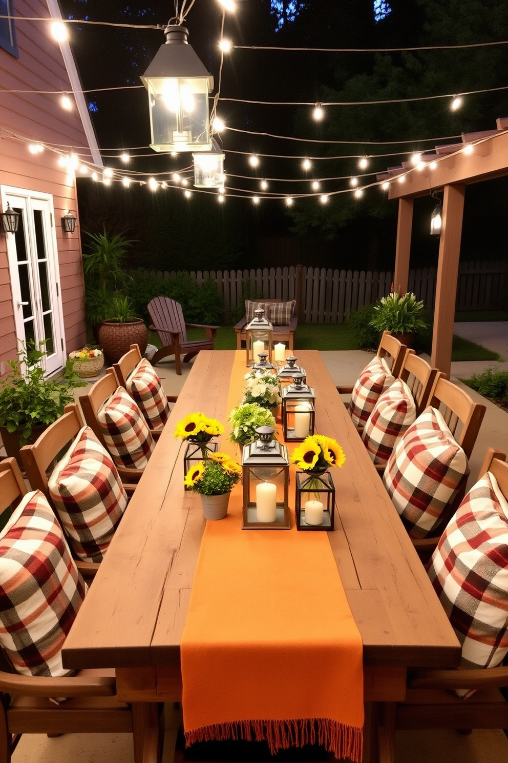 Charming outdoor dining with string lights. A rustic wooden table is set for an evening meal, surrounded by comfortable chairs draped with soft cushions. Delicate string lights hang overhead, casting a warm glow across the setting. Potted plants and lanterns are placed along the table, creating an inviting atmosphere for guests. Labor Day dining room decorating ideas. A long farmhouse table is adorned with a vibrant table runner and seasonal centerpieces featuring sunflowers and pumpkins. Chairs are accented with plaid throw pillows, and candles flicker softly, adding to the festive ambiance.