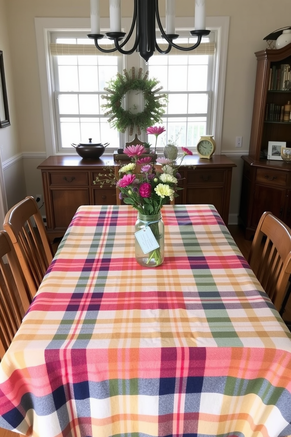 A charming dining room setting for Labor Day. The table is adorned with a vintage picnic blanket as a tablecloth, featuring a colorful checkered pattern that adds a festive touch. Surrounding the table are mismatched wooden chairs, each with its own character. A centerpiece of fresh wildflowers in a mason jar sits in the middle, enhancing the rustic vibe of the space.