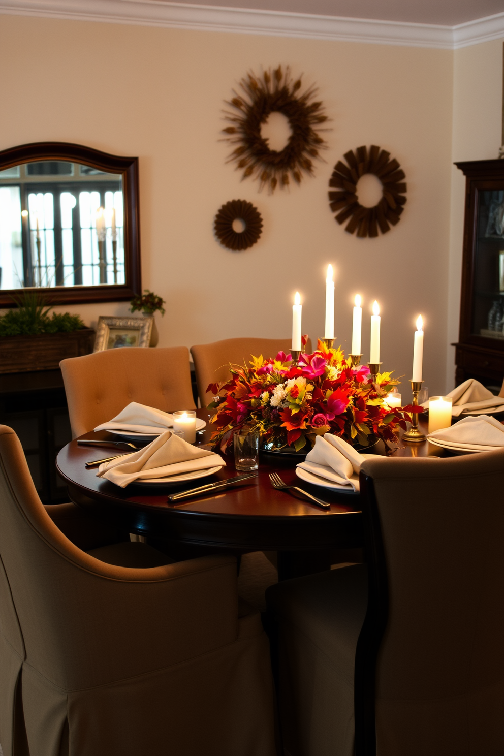 A warm and inviting dining room setting perfect for evening gatherings. The table is elegantly set with flickering candles and soft linen napkins, surrounded by plush upholstered chairs. The walls are adorned with seasonal decorations that reflect the spirit of Labor Day. A vibrant centerpiece of fresh flowers and autumn leaves adds a touch of color to the table, enhancing the cozy atmosphere.