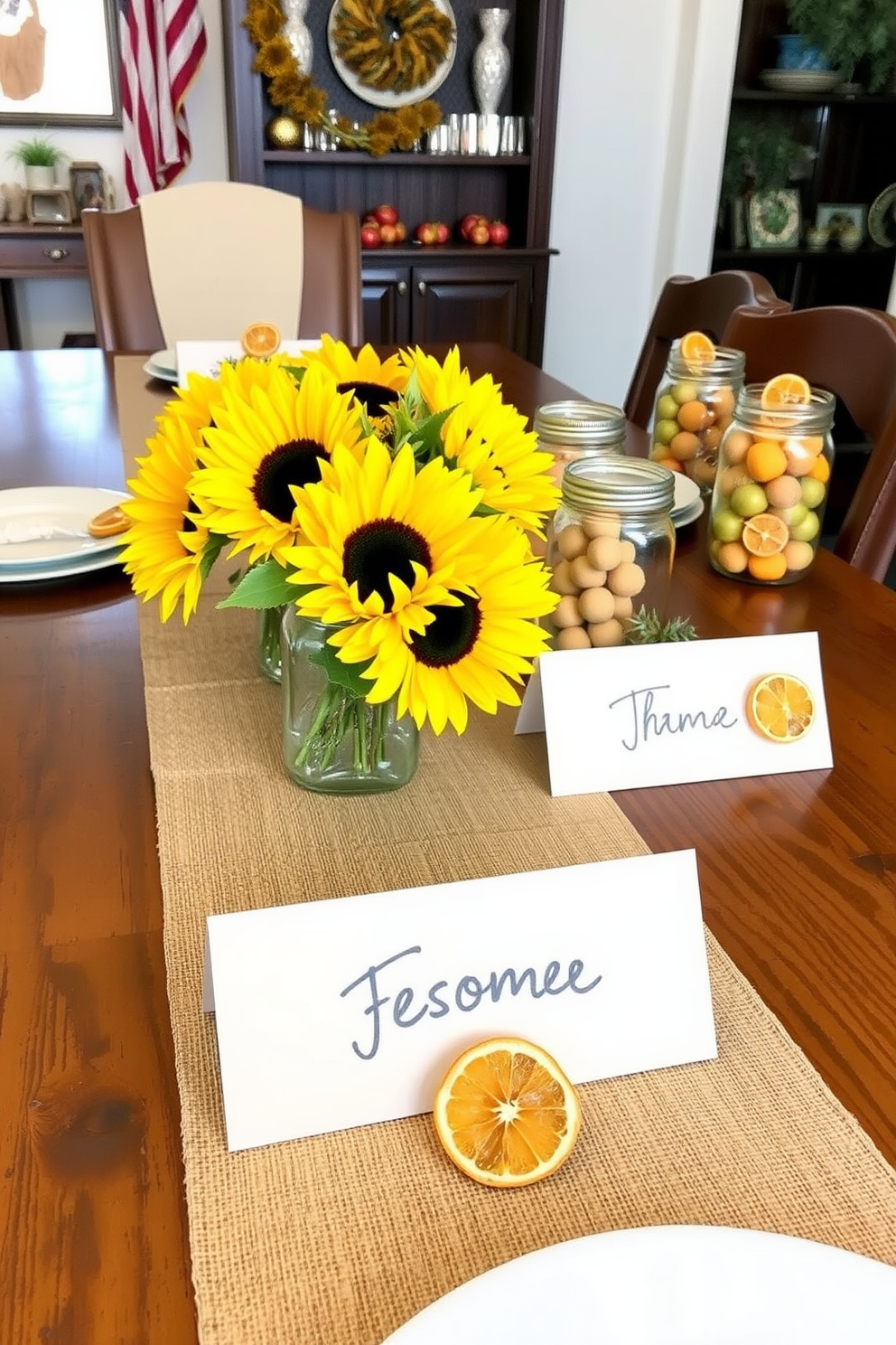 Creative place cards with natural elements. Each card features a hand-written name on recycled kraft paper, adorned with a small sprig of rosemary and a slice of dried orange. Labor Day Dining Room Decorating Ideas. The table is set with a rustic wooden table runner, complemented by a centerpiece of fresh sunflowers and a collection of mason jars filled with seasonal fruits.