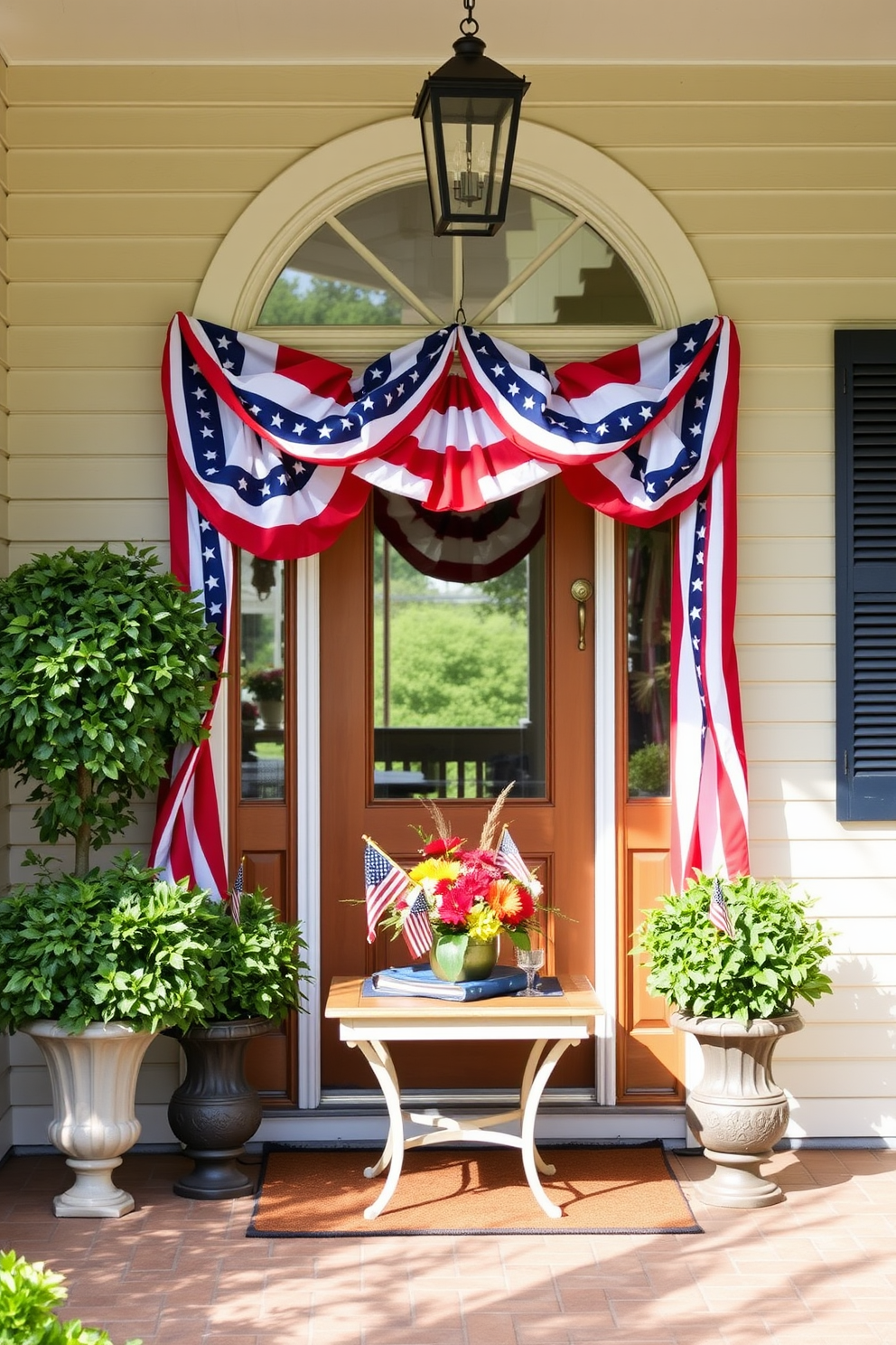 A welcoming entryway adorned with patriotic banners draped elegantly across the doorway. The banners feature vibrant red, white, and blue colors, creating a festive atmosphere for Labor Day celebrations. Flanking the doorway are potted plants with lush greenery, adding a touch of nature to the decor. A small table is placed nearby, decorated with a charming centerpiece of seasonal flowers and themed tableware.