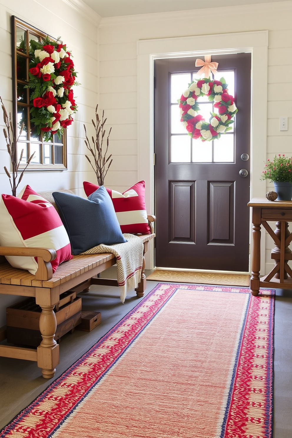 Cozy throw pillows in red white and blue are arranged on a comfortable bench in the entryway. The bench is adorned with a soft woven throw, and a rustic wooden table displays seasonal decorations. A welcoming entryway features a vibrant wreath on the door made of red white and blue flowers. A stylish runner rug in coordinating colors leads guests through the space, enhancing the festive atmosphere.