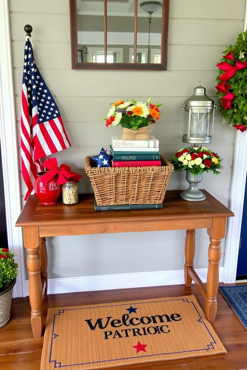 A charming entryway features a rustic wooden table adorned with Americana decor. Red, white, and blue accents are displayed through various decorative items, including a small flag and vintage lanterns. The table is topped with a woven basket filled with seasonal flowers and a stack of classic books. A welcoming doormat with a patriotic theme lies beneath, inviting guests into the home.