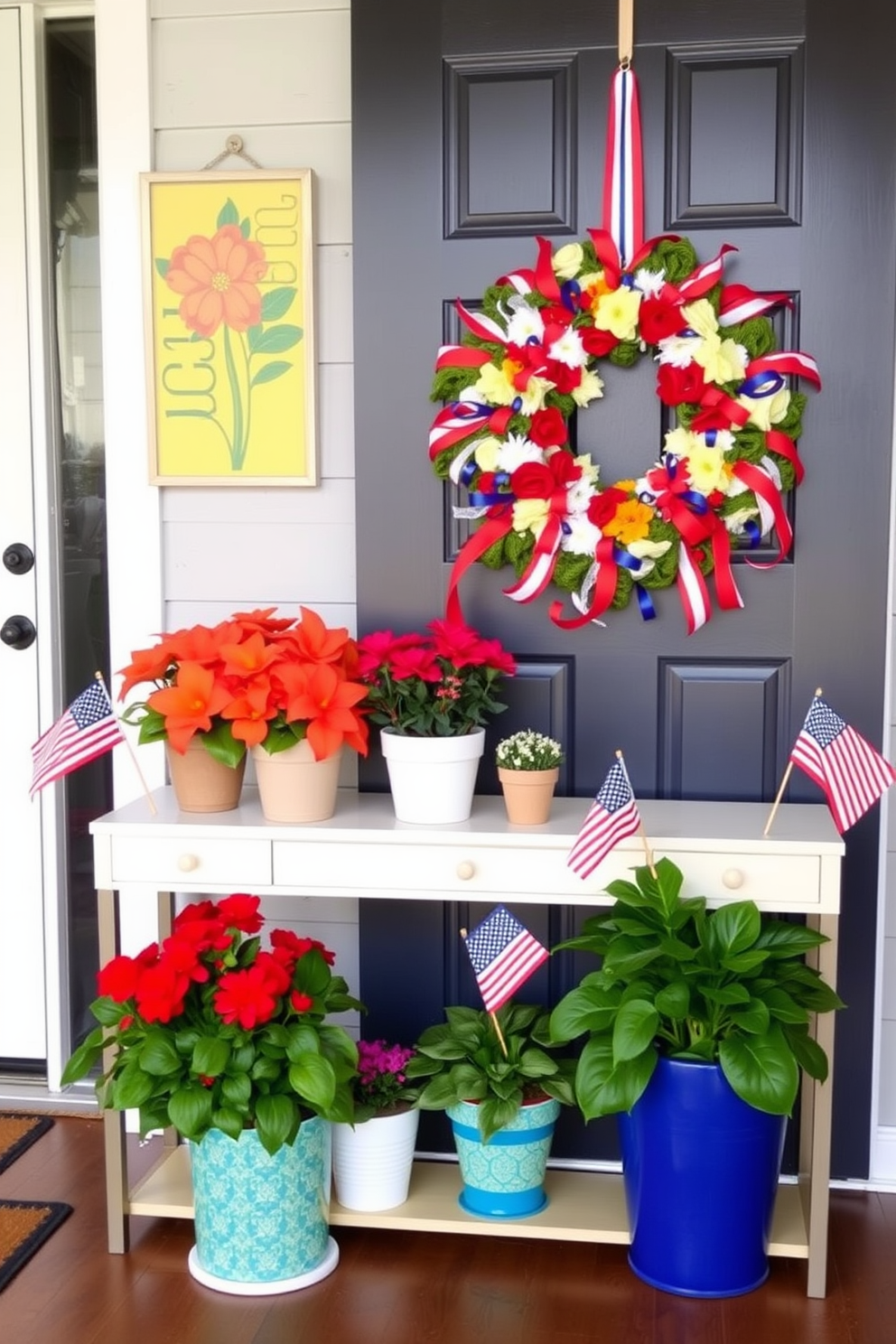 A vibrant entryway adorned with colorful potted plants brings a seasonal touch to the space. The plants are arranged on a stylish console table, complemented by a welcoming doormat and cheerful wall art. For Labor Day, the entryway features red, white, and blue decorations that evoke a festive spirit. A decorative wreath made of seasonal flowers and ribbons hangs on the door, while small flags are placed in the potted plants for added charm.