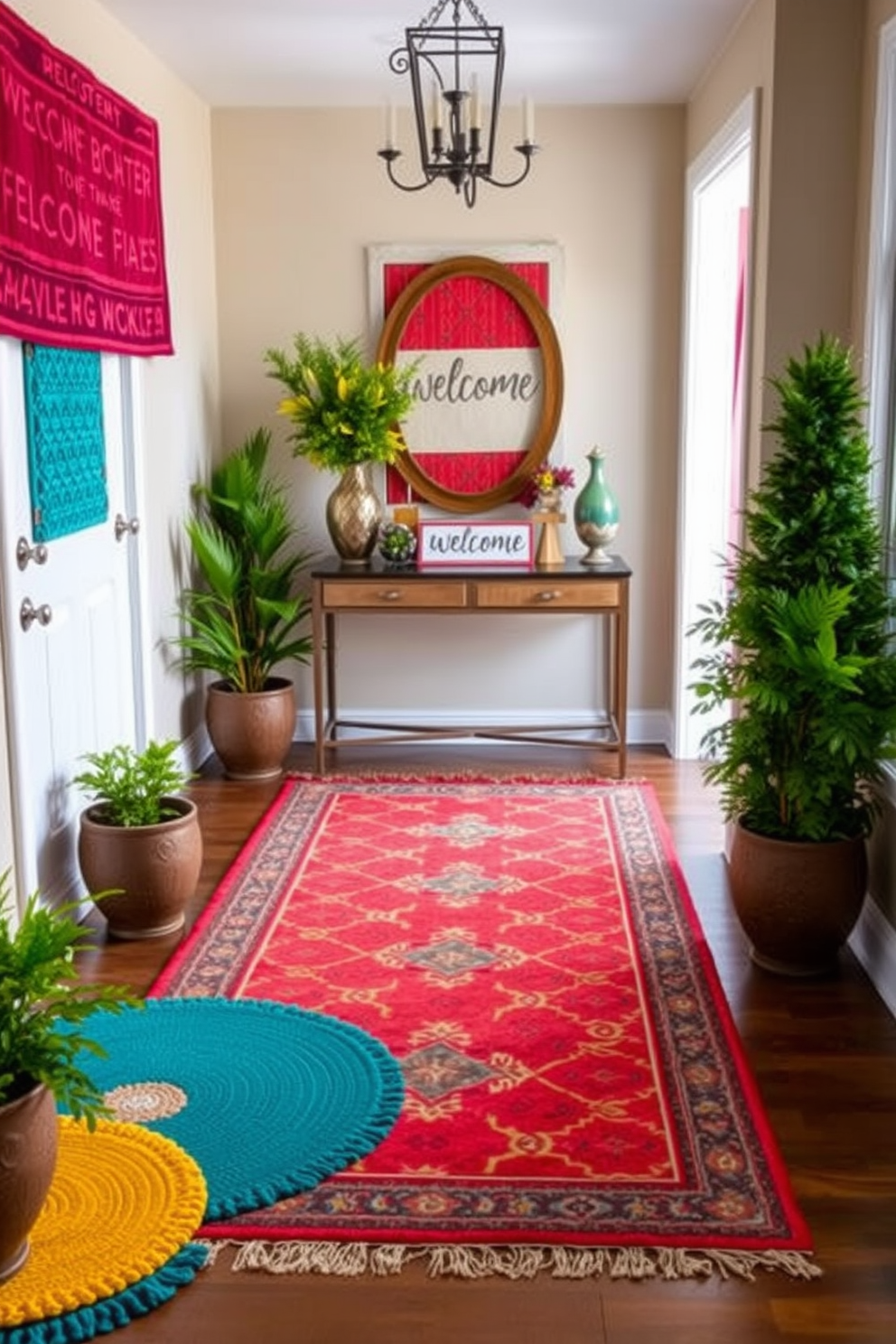 A vibrant entryway adorned with layered rugs in festive colors. The base rug is a large geometric pattern in rich reds and oranges, topped with smaller, intricately woven rugs in contrasting hues of teal and yellow. Flanking the entryway are potted plants with lush greenery, adding a touch of nature. A stylish console table sits against the wall, decorated with seasonal decor and a cheerful welcome sign.